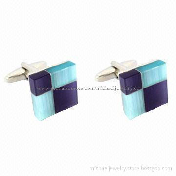 Brass cufflinks with patchwork of dark blue and light blue opals, mosaic cultural edification